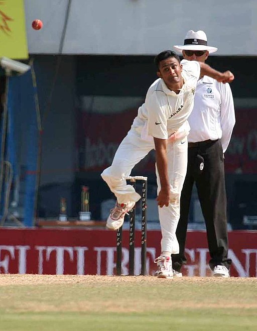 Anil Kumble bowling with a bandaged jaw during the 2002 Antigua Test against West Indies after suffering a fractured jaw